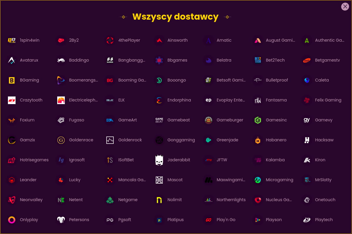Wszyscy dostawcy Bizzo Casino